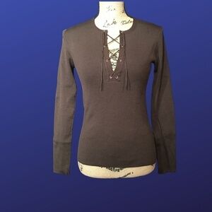 Banana Republic Brown Ribbed Lace-Up V-Neck Sweater